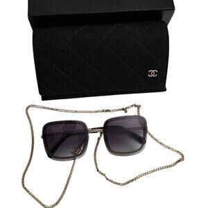 Chanel CH4244 square metal frame sunglasses with a detachable gold-tone chain